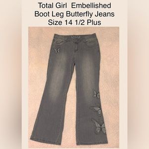 Total Girl juniors Grey Embellished Butterfly Boot Leg Jeans size 14 1/2 plus